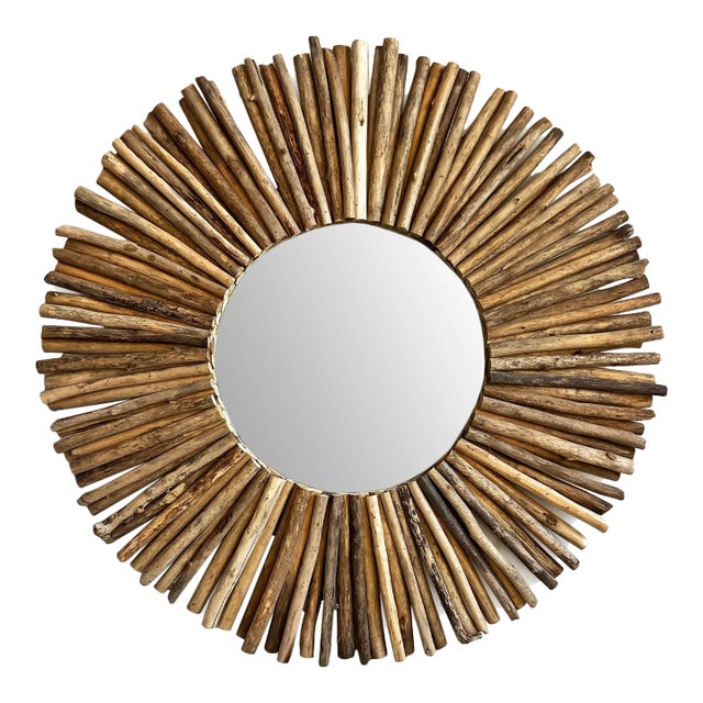 Vintage Large Driftwood Sun Wall Mirror For Sale