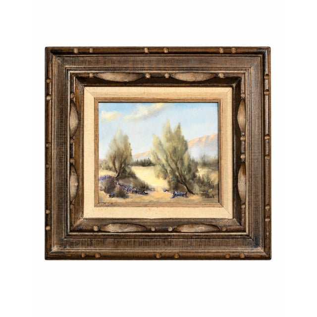 1960s Original Signed Sonia Punak Desert Landscape Acrylic on Canvas in Original Carved Wood Frame – 18” X 16” For Sale - Image 11 of 11