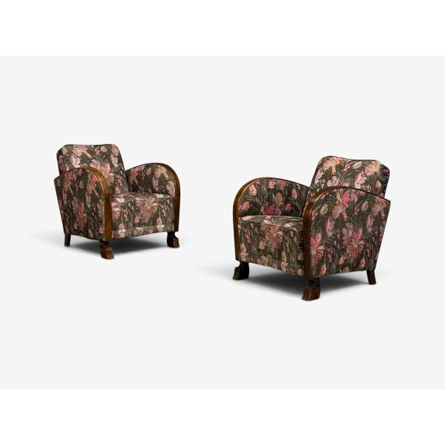 Mid-Century Modern Swedish Modern, Art Deco Lounge Chairs, Stained Birch, Fabric, Sweden, 1940s For Sale - Image 3 of 13