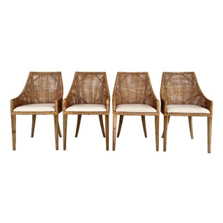 Wood and Rattan Bar Stools, Set of 4 For Sale