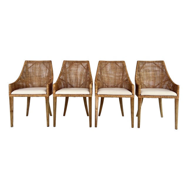 Wood and Rattan Bar Stools, Set of 4 For Sale