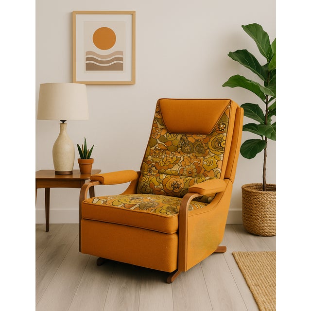 A fabulous 1970s-era recliner that perfectly captures the bold, cheerful aesthetic of the period. This piece functions...