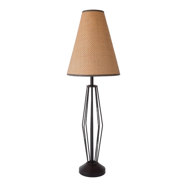 Mid Century Modern Metal Spokes With Woven Shade Table Lamp For Sale