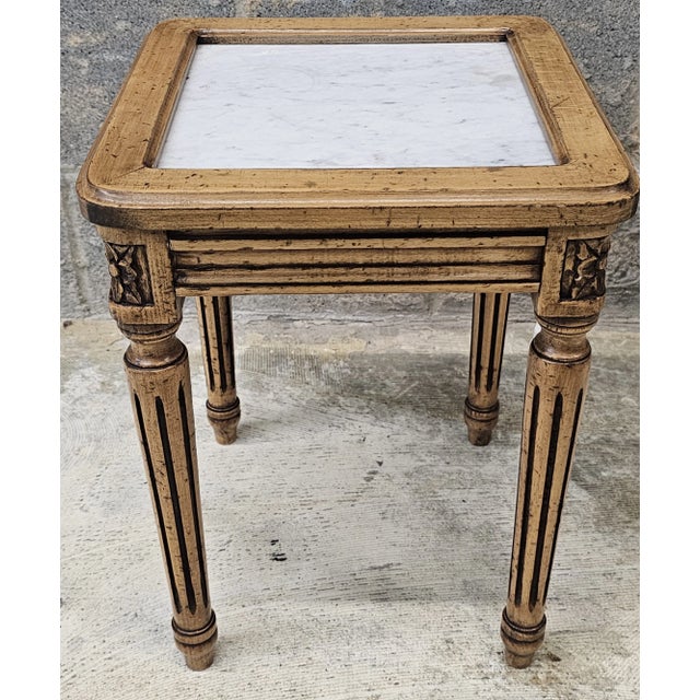 Mid 20th Century Pair Mid Century French Style Fruitwood & Marble Top Candle Stands Side Tables For Sale - Image 5 of 9