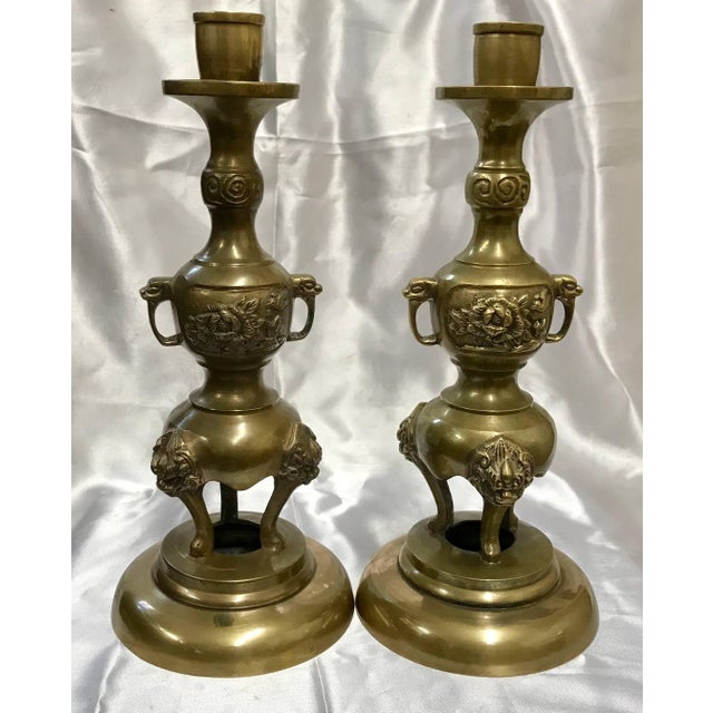 French Pair of Brass Taper Candlesticks With Flowers and Griffins For Sale - Image 3 of 9