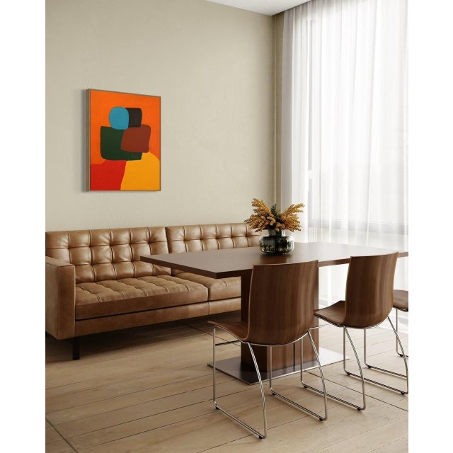 Minimalist figurative painting titled "An Embrace." Here, the theme of love unfolds against a vibrant orange background....