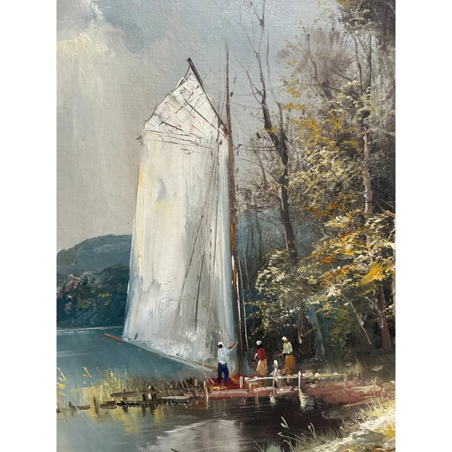 Exquisite vintage oil painting on canvas capturing a serene mountain lake scene, encased in a gilded and intricately...