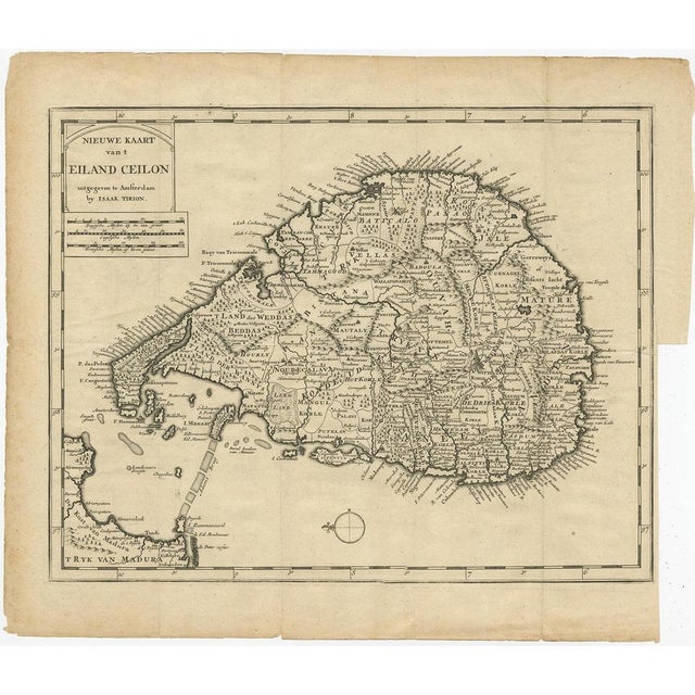 : Antique map Ceylon titled 'Nieuwe Kaart van t Eland Ceilon'. Old map of present-day Sri Lanka with north oriented to the...
