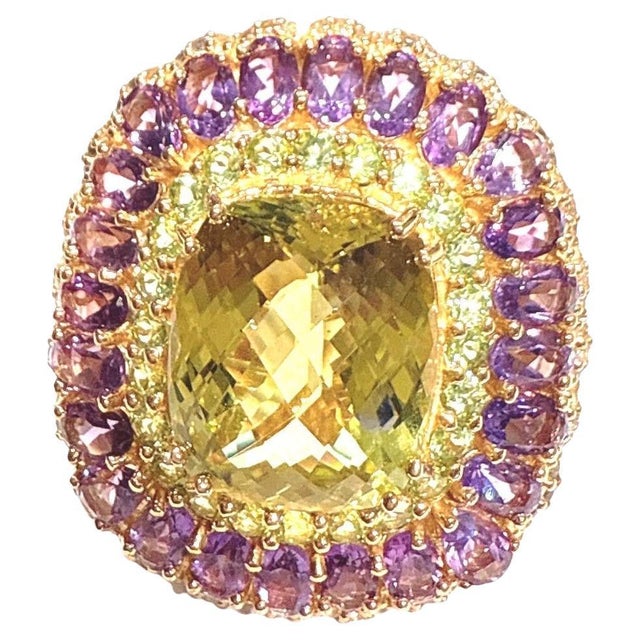 Bochic “Orient” Lemon Quartz & Multi Gem Cocktail Ring Set In 18K Gold & Silver, Size 7 For Sale