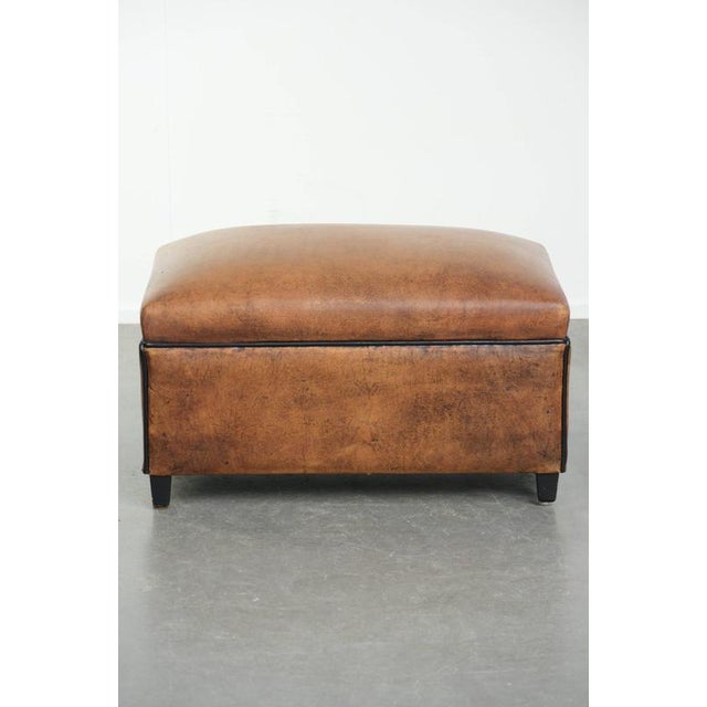 Sheepskin Ottoman with Black Piping For Sale - Image 4 of 9