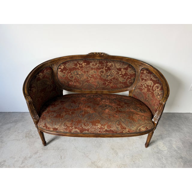 French Vintage Louis XVI Style Curved Barrel Back Loveseat With Nailhead Trim For Sale - Image 3 of 17