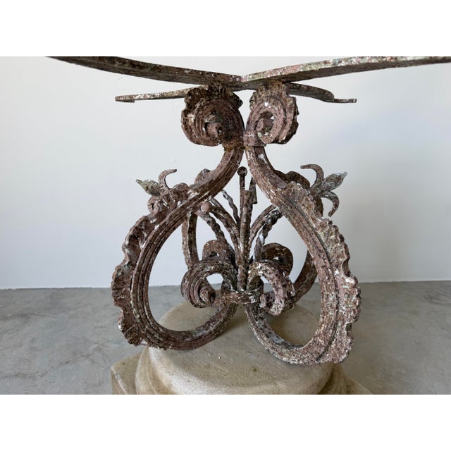 Metal Vintage Wrought Iron & Concrete Pedestal Outdoor Dining Table With Glass Top For Sale - Image 7 of 12