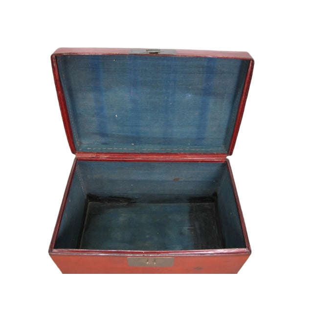 Red 31" Inch Long Antique Red Leather Accent Trunk Table For Sale - Image 11 of 12