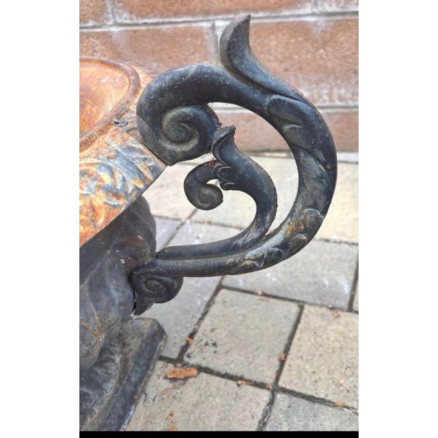 Vintage Ornate Cast Iron Garden Urn Planter With Scroll Handles & Aged Patina For Sale - Image 12 of 12