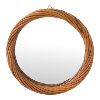 Wicker Rattan Round Wall Mirror, Circa 1970s - 1980s For Sale
