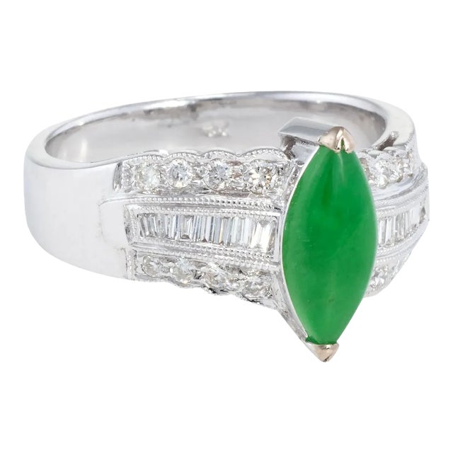 Mid 20th Century Jadeite Jade Diamond Cocktail Ring 18k White Gold Fine Vintage size 6.25 For Sale