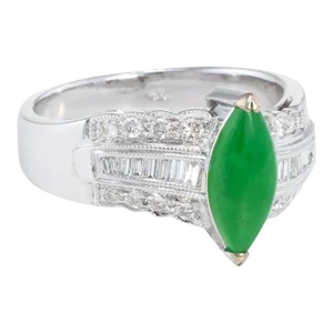 Mid 20th Century Jadeite Jade Diamond Cocktail Ring 18k White Gold Fine Vintage size 6.25
