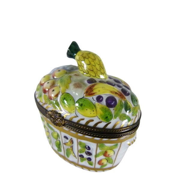 Limoges, France 1980s Limoges France Peint Main Fruit Basket Trinket Box . Hand Painted . Pineapple Finial . Signed Cs For Sale - Image 4 of 13