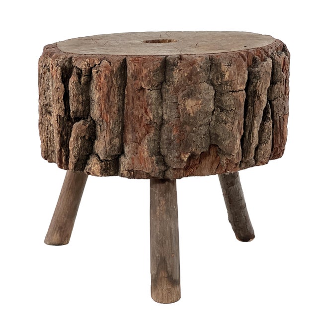 Antique late 1800s primitive wood Adirondack tripod stool. Displays a rough-hewn appearance -- handmade and carved from a...