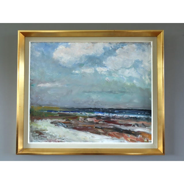 DRIFT AT LOW TIDE Size: 17.9 x 21.1 inches (including frame) Oil on board An atmospheric modernist style coastal landscape...