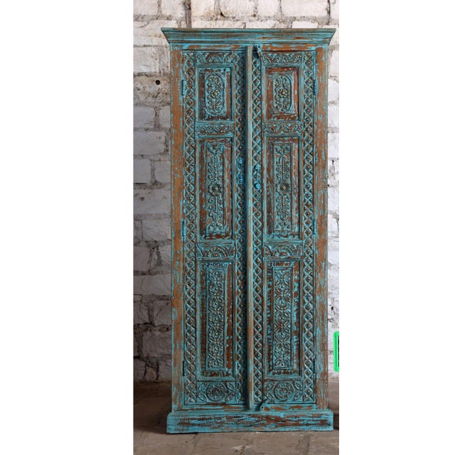 Antique Blue Floral Carved Armoire With Brass Stud Accents – Handcrafted Vintage Storage Cabinet 83x36 For Sale In Orlando - Image 6 of 7