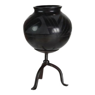 1920s Navajo Style Black on Black Mexican Blackware Pottery Vase on Wrought Iron Stand For Sale