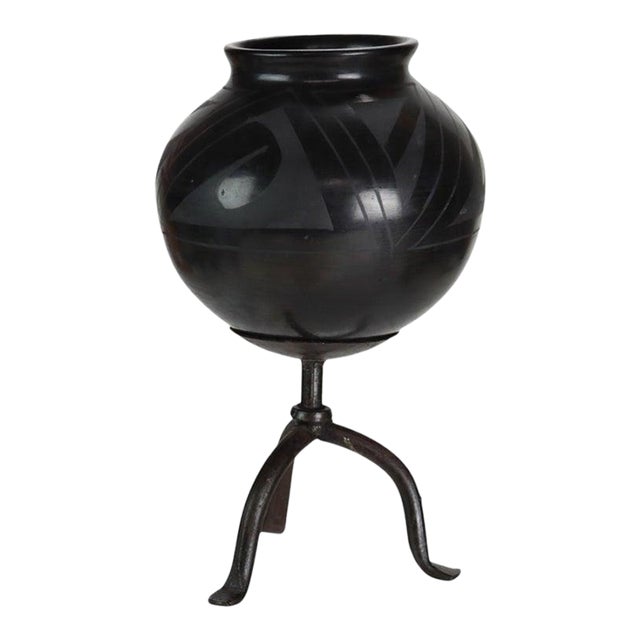 1920s Navajo Style Black on Black Mexican Blackware Pottery Vase on Wrought Iron Stand For Sale