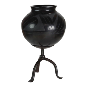 1920s Navajo Style Black on Black Mexican Blackware Pottery Vase on Wrought Iron Stand
