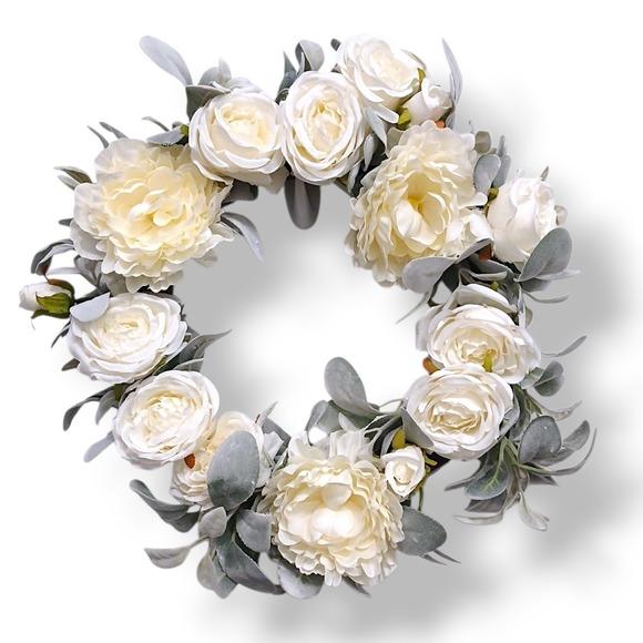 English White Roses & Sage Door Wreath 17" Flower Elegant Summer Spring Gorgeous For Sale In San Diego - Image 6 of 17