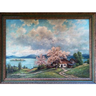 1950s Original Alpine Landscape Oil Painting by Alexander Reinhardt – Spring Blossom at the Lakeshore For Sale