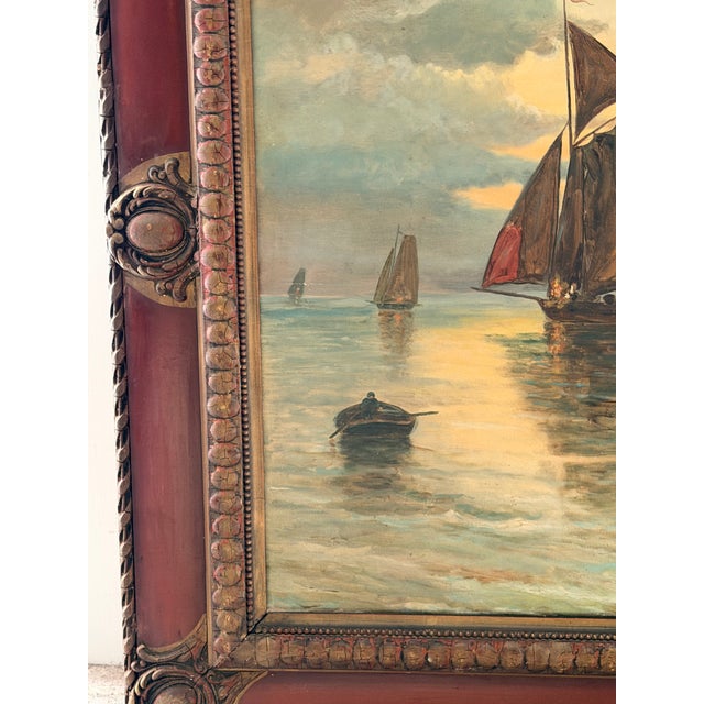 Blue Signed 1920 Antique Maritime Sailboat Oil Painting in Ornate Painted Frame For Sale - Image 8 of 18
