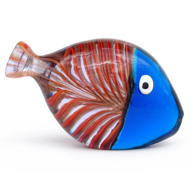 Figurative Murano Vintage Sommerso Blue Orange Aventurine Fenicio Pattern Italian Art Glass Fish Paperweight Figurine For Sale - Image 3 of 9