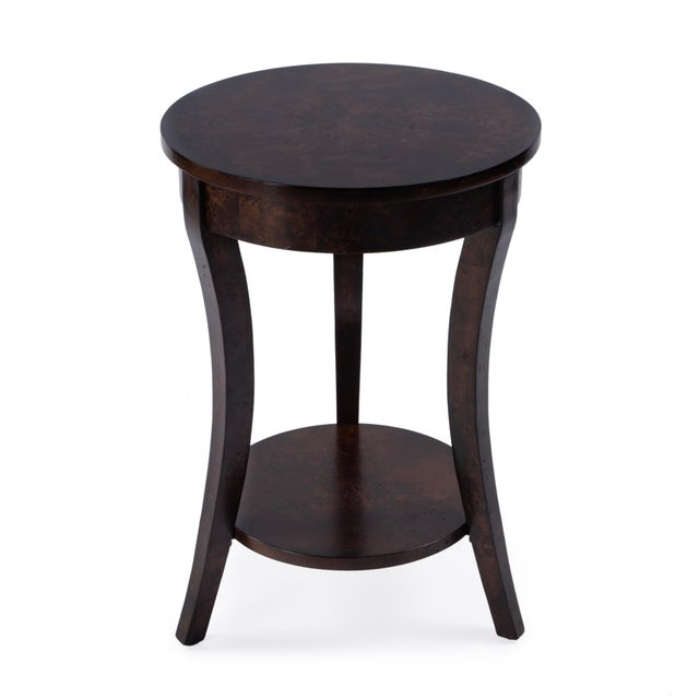 Holdin 18 in. W Round Wood Side Table with Lower Open Shelf, Dark Burl For Sale - Image 9 of 9