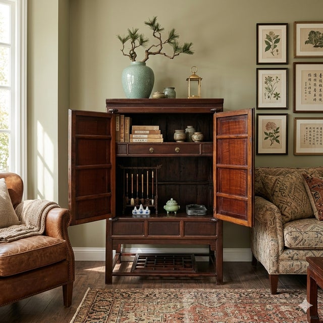 Auburn Chinese Vintage Boxwood Flower Inset Motif Accent Storage Cabinet For Sale - Image 8 of 8