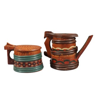 Folk Art Swedish Wooden Lidded Tankards, 1920s, Set of 2 For Sale