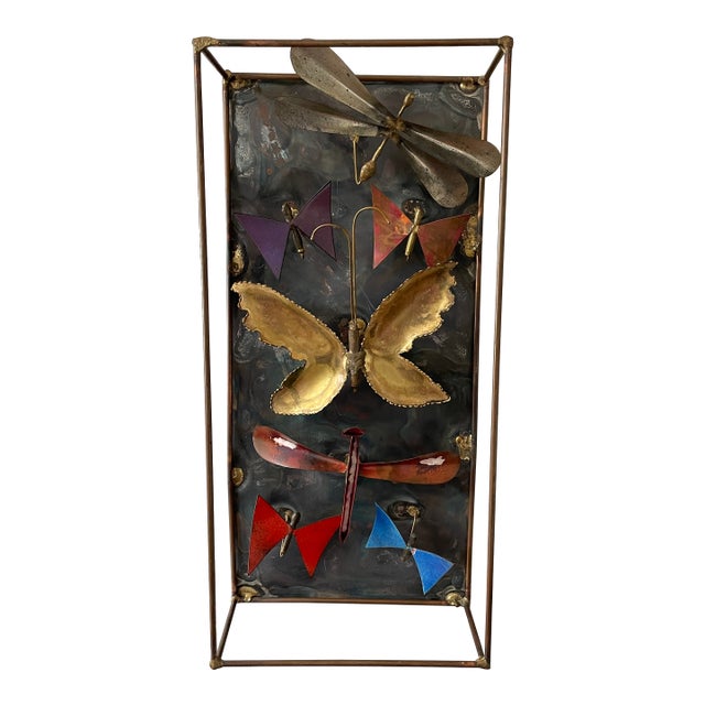 Mid-Century Copper Enamel Butterfly & Dragonfly Metal Wall Art For Sale