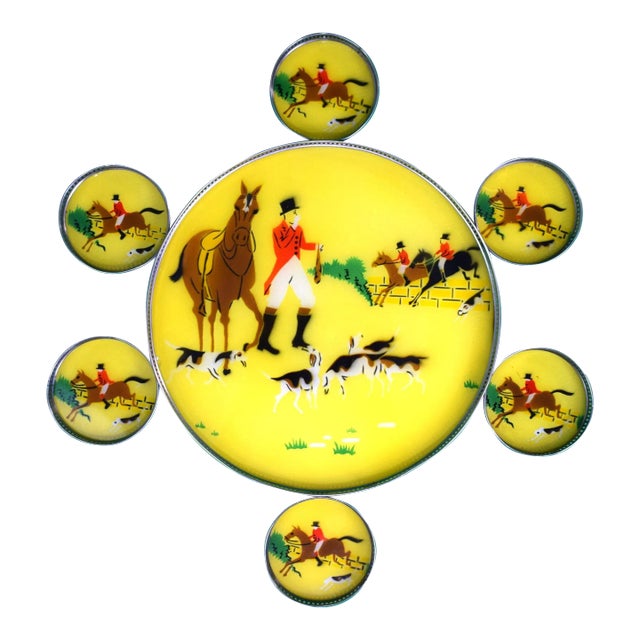 Circa 1950s Fox-Hunt Scene Eglomise Yellow Glass Tray With 6 Coasters- 7 Pieces For Sale