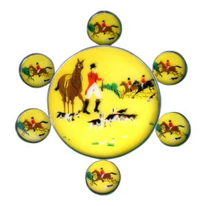 Circa 1950s Fox-Hunt Scene Eglomise Yellow Glass Tray With 6 Coasters- 7 Pieces