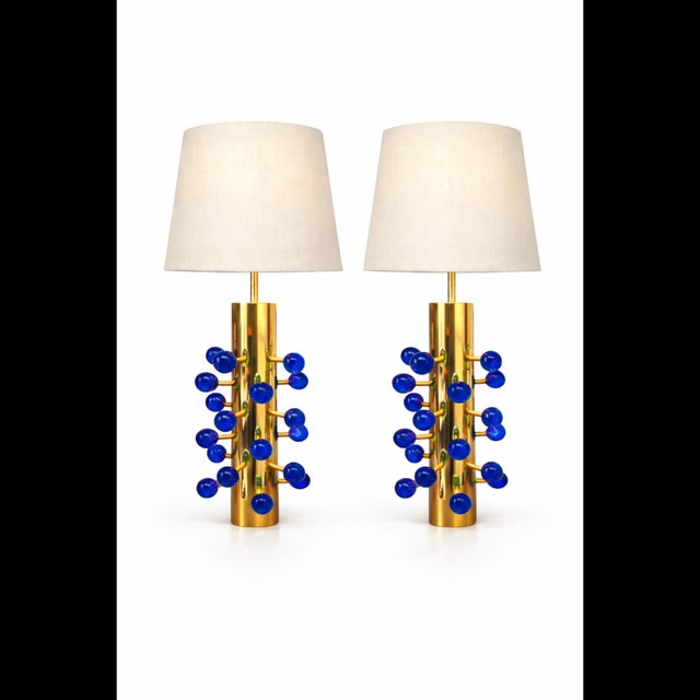 Italian Table Lamps in Brass and Blue Murano Glass from Justfurnituress SRL, Set of 2 For Sale - Image 9 of 11