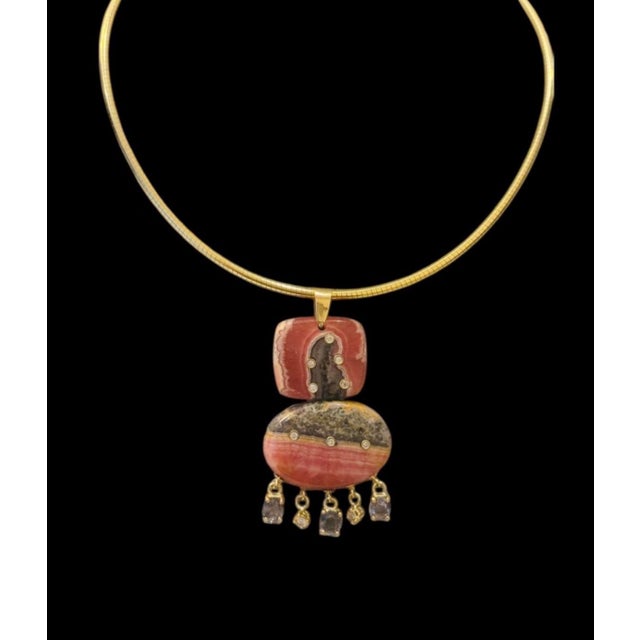 Rhodochrosite Double Pendant with Diamonds & Spinel Jen Proudman Jewelry Rhodochrosite, Diamonds, Spinel & 14k Gold Carved...