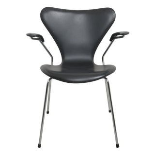Seven Armchairs in Black Leather by Arne Jacobsen, 1990s, Set of 5 For Sale