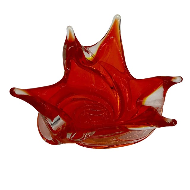 Chalet Heavy Glass Bowl Swirl Base Hand Blown Six Fingers Orange and Clear MCM 1960's 9"W x 5.5"H GLOWS UNDER BLACK LIGHT...