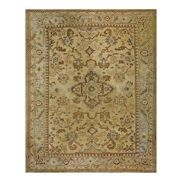 1920s Tan Beige Medallion Antique Turkish Decorative Oushak Rug 9'3" X 11'10" Handknotted Wool Carpet For Sale