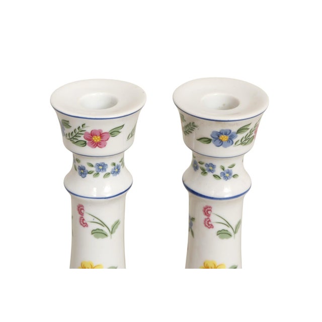 Rustic European 1980’s Floral Porcelain Candlestick Holders, a Pair For Sale - Image 3 of 6
