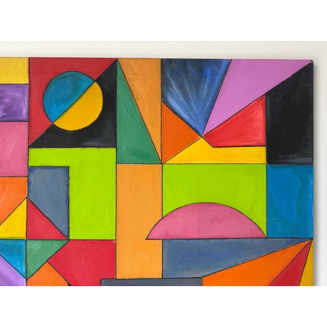 Textile 2003 Vintage Daniel Colorful Geometric Abstract Oil on Canvas Painting – Unframed For Sale - Image 7 of 10