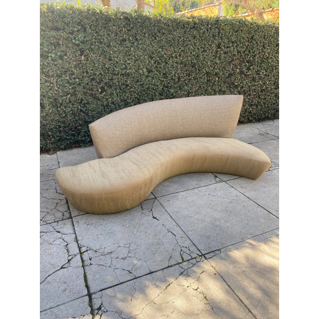 Beautiful two tone dynamic shaped organic Bilbao Kagan Sofa. Fully reupholstered in sage green fabrics for an Afro...