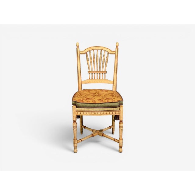 Cream Regency, Four Dining Chairs, Painted Wood, Straw, Fabric, Usa, 1940s For Sale - Image 8 of 15