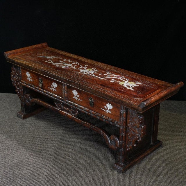 Ornate Chinese rosewood low altar / qiaotou table, beautifully decorated with hand‑set mother‑of‑pearl shell inlay across...