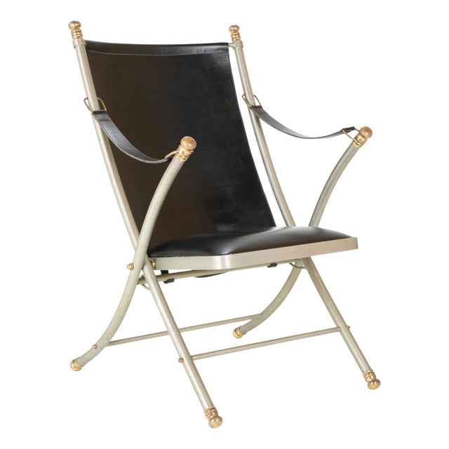 Maison Jansen Brushed Steel and Brass Campaign Armchair For Sale