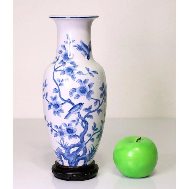 Late 20th Century Vintage Japanese Blue & White Floral Mounted Porcelain Wall Pocket Vase With Birds & Flowers For Sale - Image 5 of 8